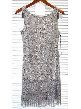 Adrianna Papell Silver Sequin Beaded Fringe Cocktail Dress NWT size 8